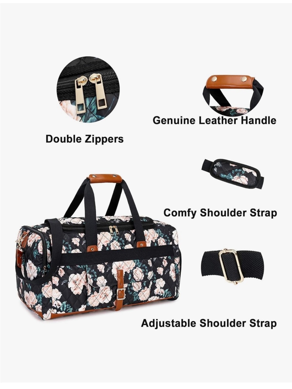 Floral Quilted Weekender Duffle Bag - Black with Blush Flowers - Picture 7 of 7